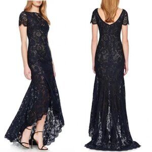 Theia - Women’s Lace, High-Low Mermaid Maxi Gown, Evening - Navy Blue, Size 0